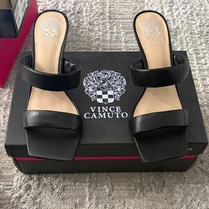 Vince Camuto Black Double-Strap Square-Toe Slide Mules
